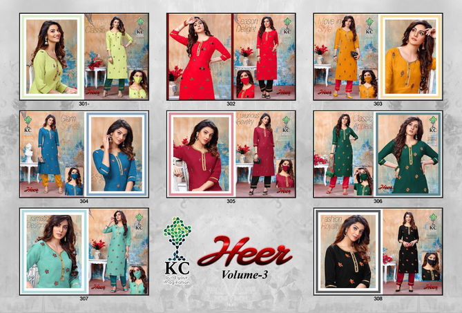 Kc Heer 3 Latest Designer Embroidered Casual Wear Rayon Kurti With Bottom Collection